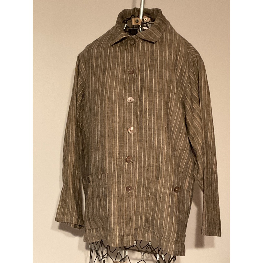 CTC Linens Brown Striped 100% Linen Chore Jacket Womens Small Made in USA Pocket